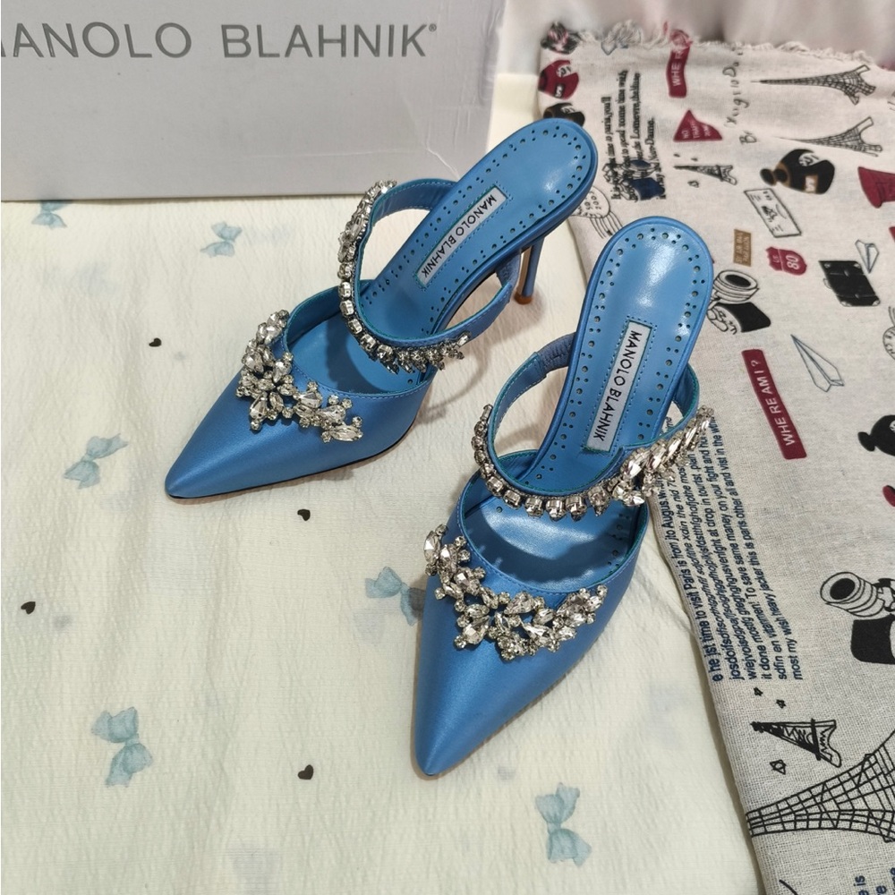 Manolo Blahnik Blue Jeweled Satin Pointed Slingback Pumps